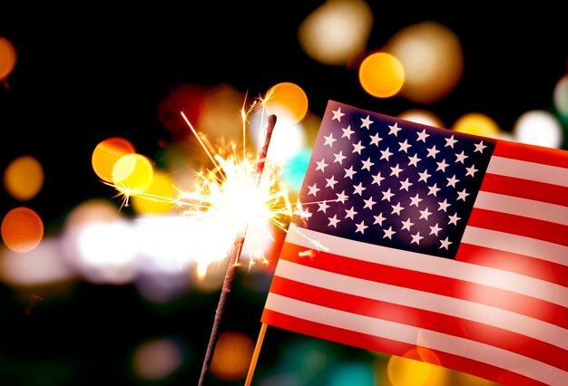 Photo us flags with fireworks collage