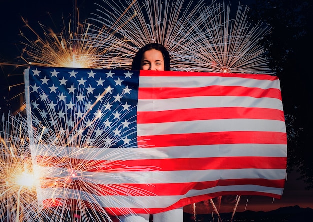 写真 アメリカ国旗と花火のコラージュ