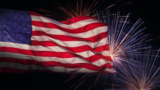 Us flags with fireworks collage