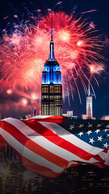 Photo us flags with fireworks collage