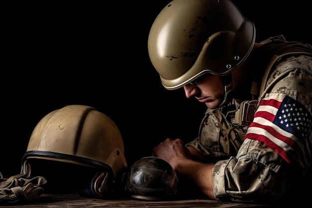 Военнослужащие США в форме и каске опираются на стол с вещами погибшего товарища