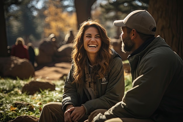 us military woman and man smiling and talking in the war field