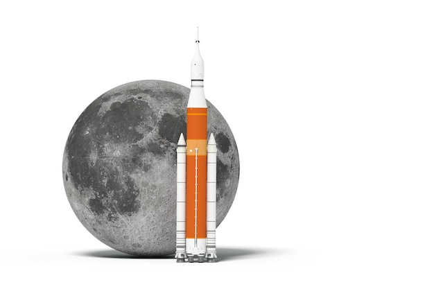 NASA が提供する月に向かう米国のロケットのモデルと地図