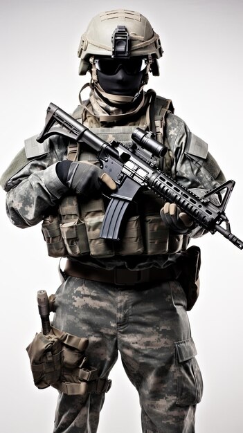 Photo a us soldier with mask in full combat uniform against a blank background