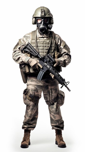 Photo a us soldier with mask in full combat uniform against a blank background