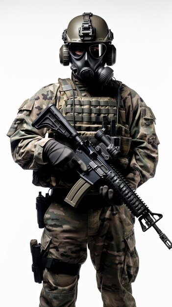 a US soldier with mask in full combat uniform against a blank background