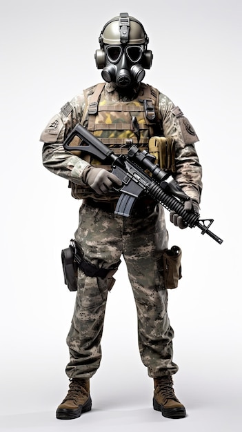 a US soldier with mask in full combat uniform against a blank background