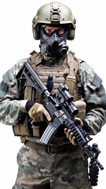 a US soldier with mask in full combat uniform against a blank background