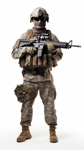 a US soldier with mask in full combat uniform against a blank background