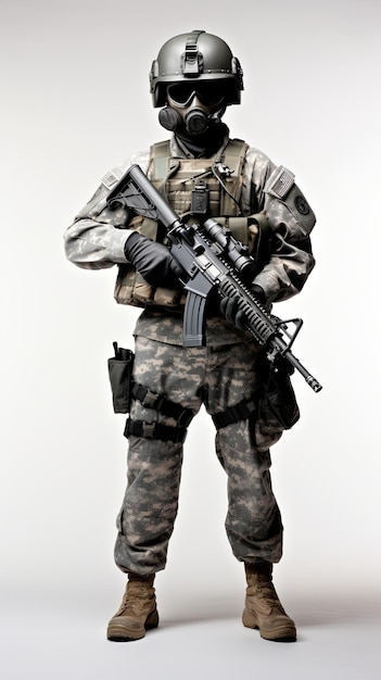 a US soldier with mask in full combat uniform against a blank background