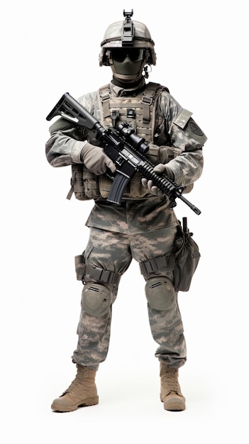 빈 배경 에 맞춰 완전 한 전투 유니폼 을 입은 마스크 를 착용 한 미국 군인