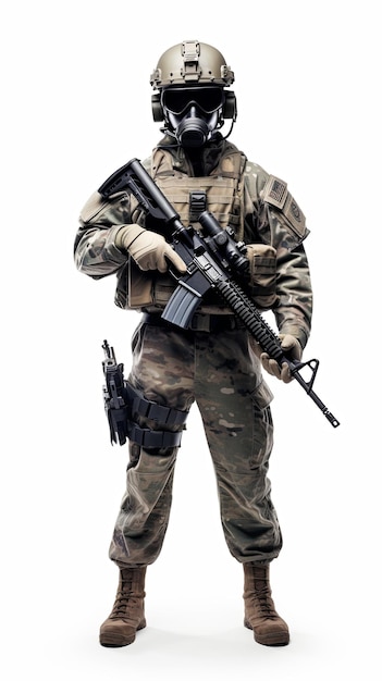 빈 배경 에 맞춰 완전 한 전투 유니폼 을 입은 마스크 를 착용 한 미국 군인