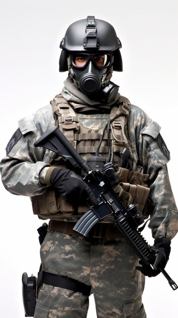 Photo a us soldier with mask in full combat uniform against a blank background