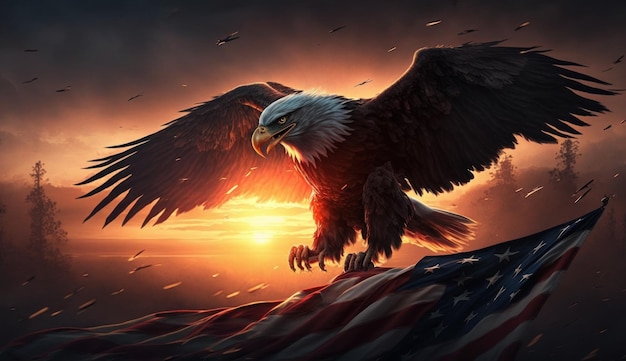 The US symbols of American eagle and the flag of the United States of America with sunset on the background Generative AI