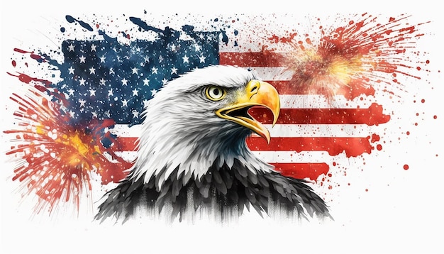 USA 4 juli onafhankelijkheidsdag kale adelaar met Amerikaanse vlag met vuurwerk Generatieve ai