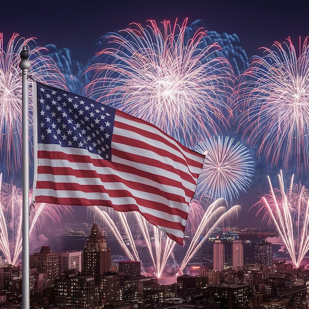 Foto usa 4 luglio una bandiera vola nel cielo con fuochi d'artificio sullo sfondo