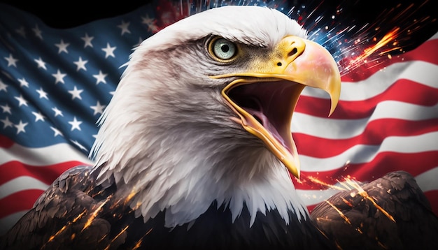 USA 4th of july independence day bald eagle with american flag with fireworks Generative ai