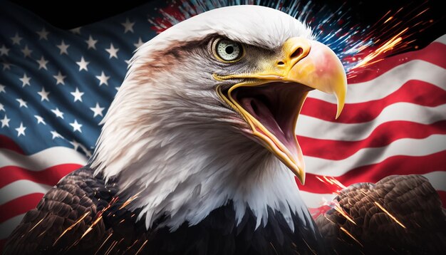 USA 4th of july independence day bald eagle with american flag with fireworks Generative ai