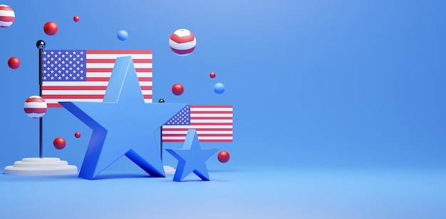 アメリカの国旗と7月4日のコンセプト3dレンダリングイラストアメリカの日のお祝い空の空白スペースバナー広告独立記念日