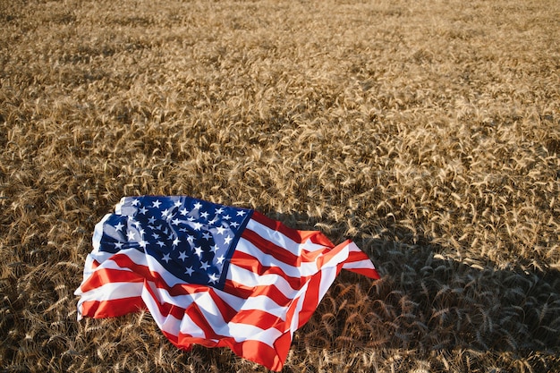 USA American flag spreaded on the golden wheat field.