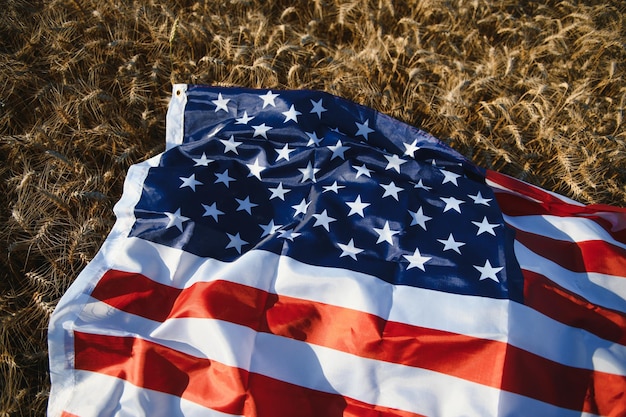 Usa amerikaanse vlag verspreid over het gouden tarweveld.