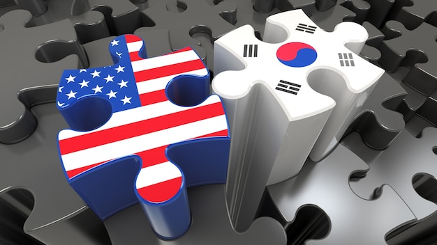 사진 퍼즐 조각에 미국과 한국 플래그입니다. 정치적인 관계 개념입니다. 3d 렌더링
