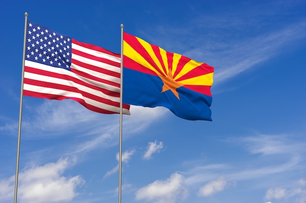 USA and Arizona flags over blue sky background. 3D illustration