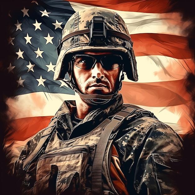 Солдат армии США с национальным флагом Поздравительная открытка на День ветеранов, День памяти, День независимости