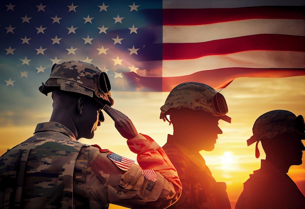 USA army soldiers saluting on a background of sunset or sunrise and USA flag Generate Ai