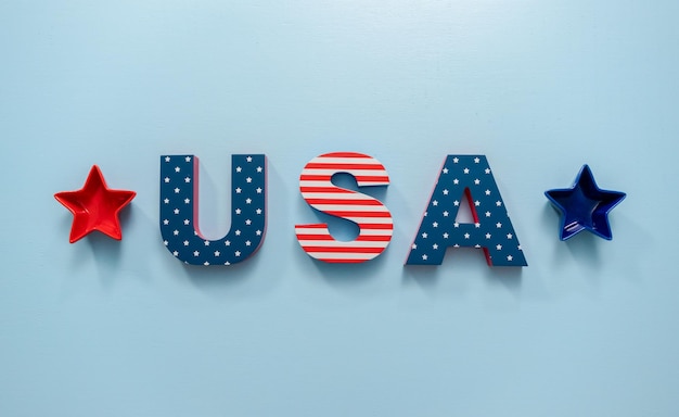 USA bord geschilderd met wit, rood en blauw op blauwe achtergrond.