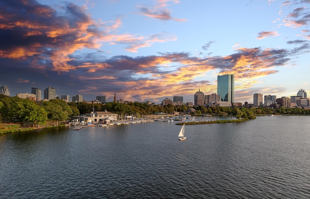 USA Boston landmark Longfellow bridge over Charles River at sunset