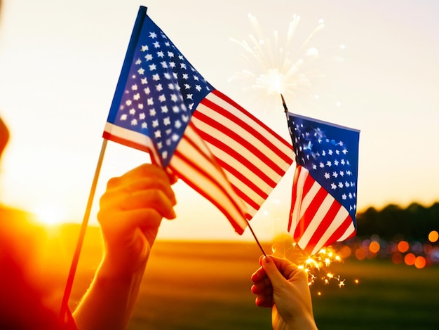 Foto celebrazione con le mani che tengono scintilli e bandiera americana al tramonto con fuochi d'artificio
