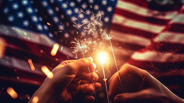 Photo usa celebration with hands holding sparklers and american flag at sunset with fireworks