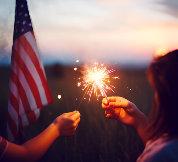 Foto celebrazione degli stati uniti con le mani che tengono stelle filanti e bandiera americana al tramonto con fuochi d'artificio