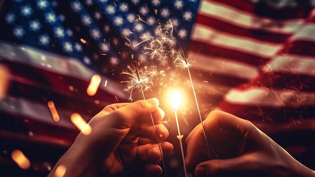 写真 花火と日没時に線香花火とアメリカの国旗を持った手でアメリカのお祝い
