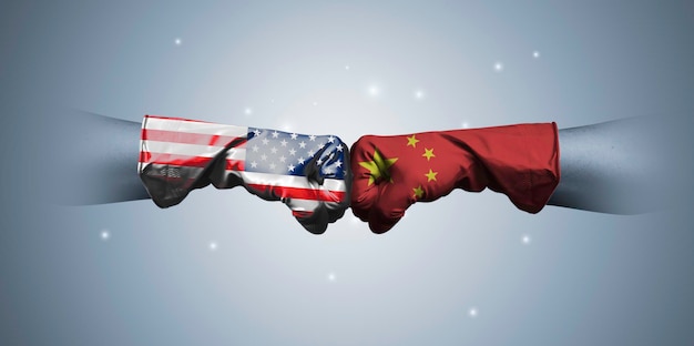 Photo usa and china fist fighting for both countries competition and conflict to change world order include tariff trade war technology military space race concept