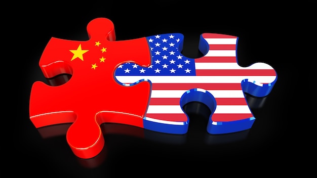 アメリカと中国はパズルのピースにフラグを立てます。政治的関係の概念。 3Dレンダリング