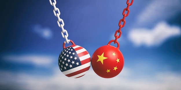 USA and Chinese flags wrecking balls swinging on blue cloudy sky background 3d illustration