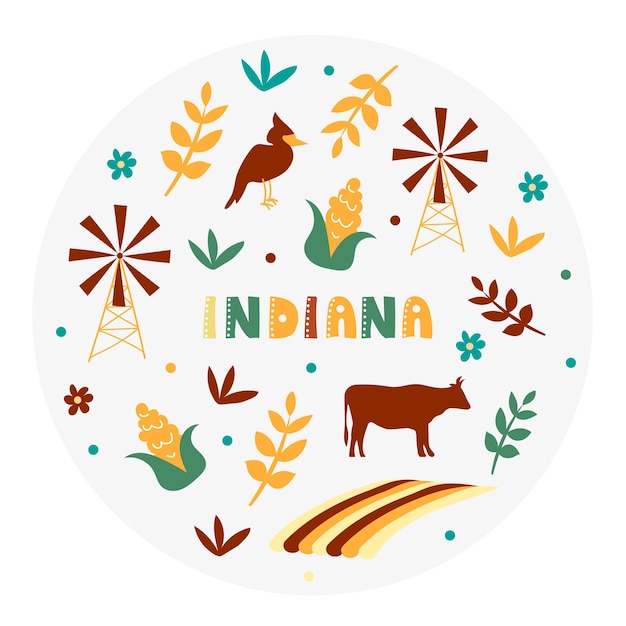 USA collection. Vector illustration of Indiana. State Symbols - round shape