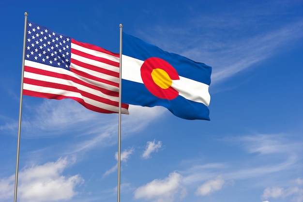 USA and Colorado flags over blue sky background. 3D illustration
