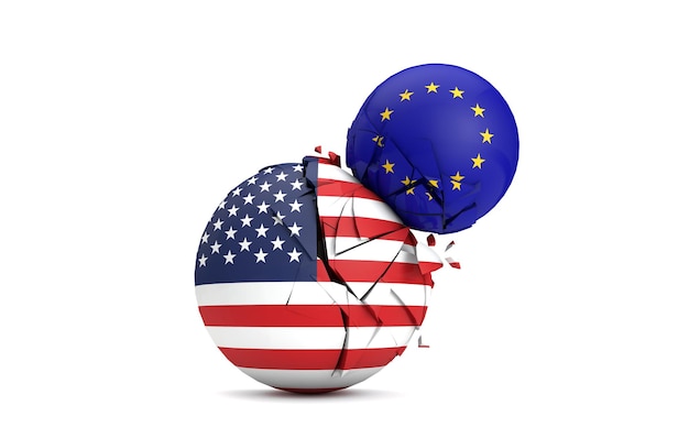 USA and European Union political balls smash together 3D Render