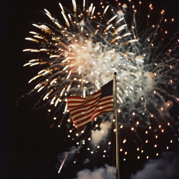 USA flag against a backdrop of fireworks