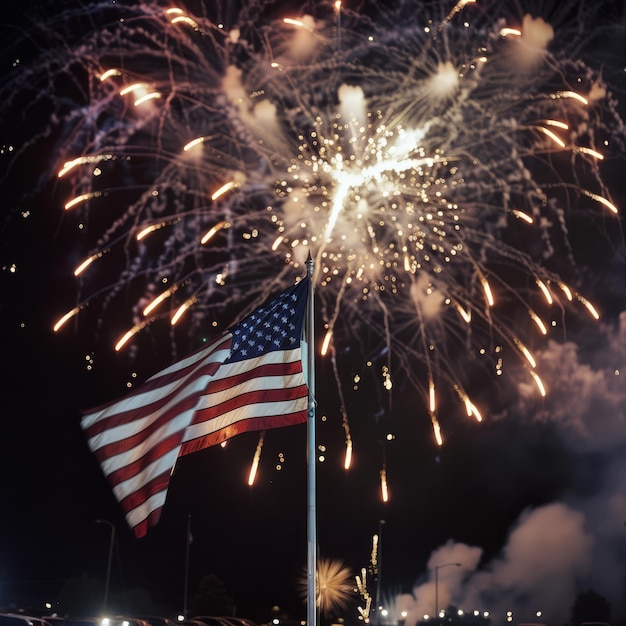 USA flag against a backdrop of fireworks