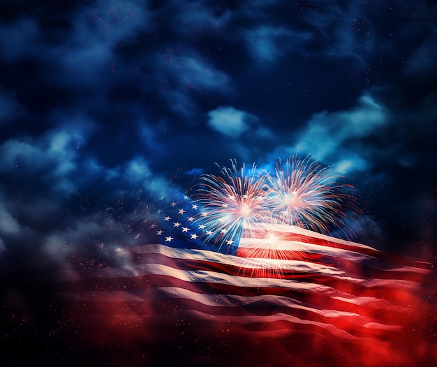 USA flag against colorful fireworks