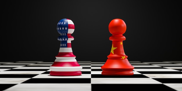 USA flag and China flag print screen on pawn chess on chess board for competition of business trade war and military between both countries. 3d render