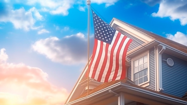 USA flag on corner of living house Symbol of patriotism Building waving national american flag Generative AI