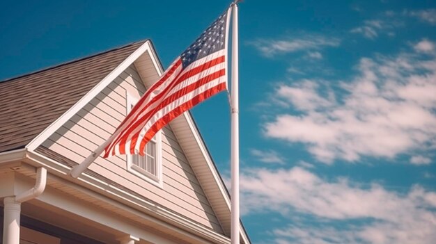 USA flag on corner of living house Symbol of patriotism Building waving national american flag Generative AI