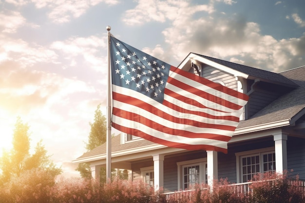 USA flag on corner of living house Symbol of patriotism Generative AI