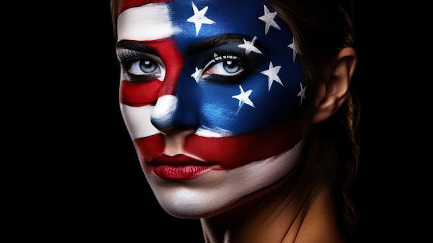 USA flag face painting on a woman s portrait Dark backdrop with room for text