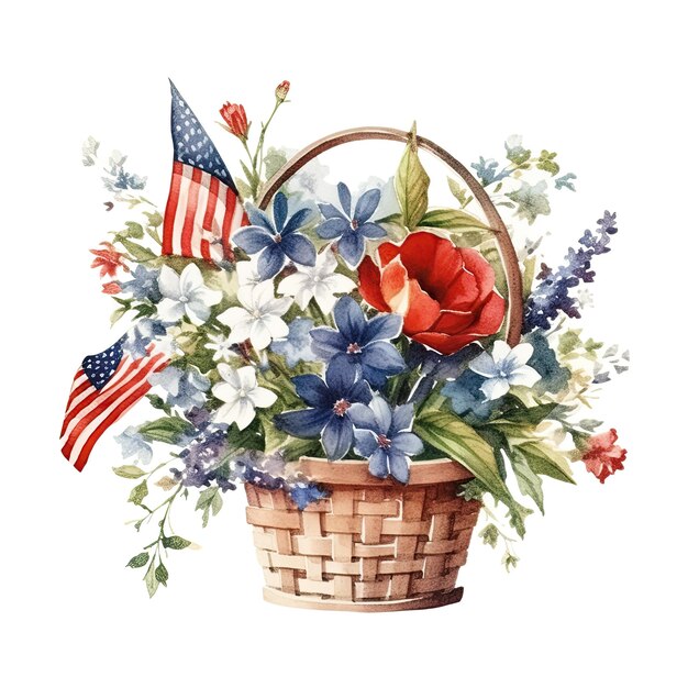 Photo usa flag and flowers in basket watercolor illustration ai generativexa